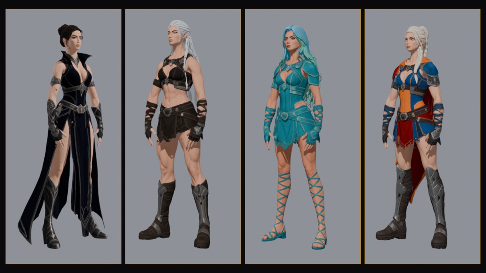 Four Siege Worlds heroes built by M1LL3NN1UM: Ashen the Sorceress, Veyra the Amazon, Lyra the Tide Walker, and Cassia the Legionnaire