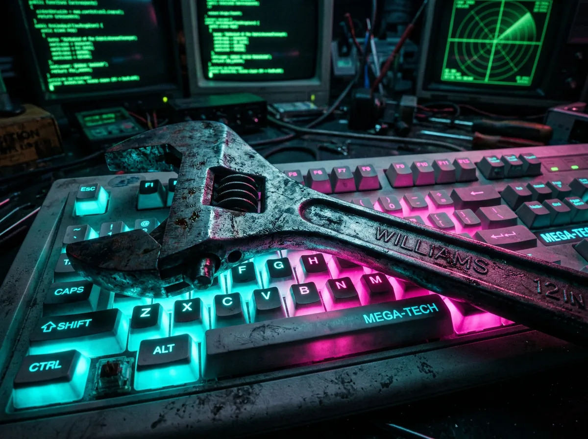 Industrial ops specialist at a CRT workstation — building the M1LL3NN1UM gaming bunker